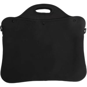 A black laptop bag with a handle and detachable strap, featuring a smooth surface and minimalist design.