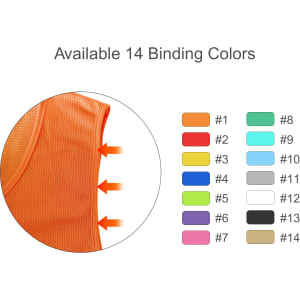 An orange training bib with straps, showcasing a variety of 14 available binding colours.