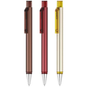 A collection of flat plastic pens in brown, red, and yellow, each featuring a clip and a logo.