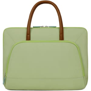 A light green laptop bag with a zippered outer pocket and brown PU handles. It features a logo on the front.