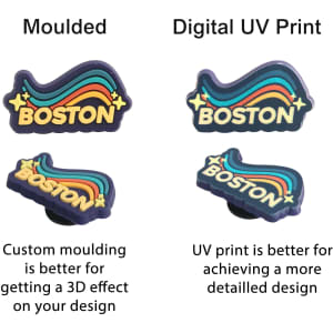 Custom shoe charms in two styles: moulded with 3D effect and digital UV print for detailed design, featuring colourful "Boston" text.