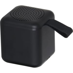 A black cube-shaped Bluetooth speaker with a small handle for portability. It features a speaker grille on top.