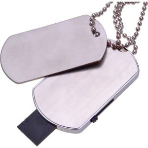 A silver dog tag flash drive with a ball chain, featuring a smooth surface on both sides.