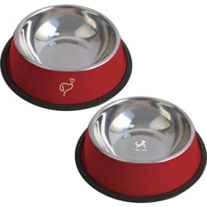 A red pet feeding bowl set with stainless steel interiors, featuring a non-slip base and logos on the side.