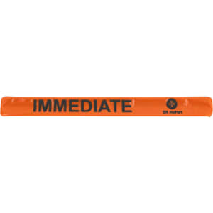 An orange reflective slap band with a logo, designed as a clothing accessory.