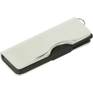 A sleek silver alloy swivel flash drive with a black accent and a keyring attachment.
