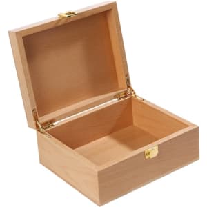 A wooden case in natural light timber with a brass clasp, featuring an open lid and a spacious interior.
