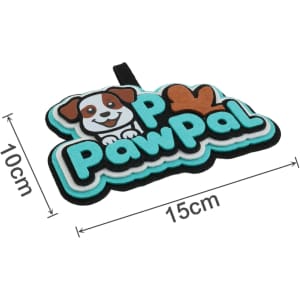 A custom felt hanging tag in turquoise, black, and brown, featuring a dog and the text "PawPal". Measures 15cm by 10cm.