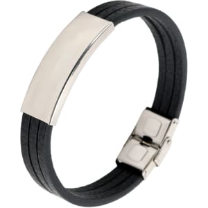 A multi-layer leather bracelet in black, featuring a sleek silver metal clasp and an engraved metal plate.