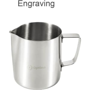 A stainless steel milk frothing pitcher with a handle and a spout, featuring a logo.