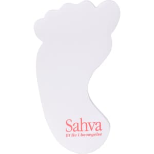 A foot-shaped sticky note pad in white, featuring a logo in pink.