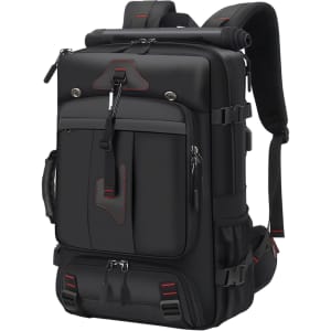 A black convertible backpack duffel bag with red accents, featuring multiple pockets and adjustable straps.
