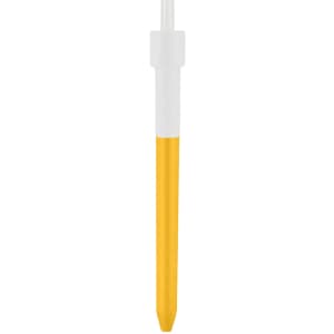 A yellow and white click pen featuring a clear barrel design and a logo.