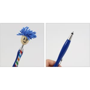 A blue pen with a smiling character topper featuring blue yarn-like hair and a striped design on the barrel.