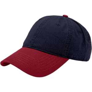 A solid colour cap featuring a navy blue body and a red brim, complete with a logo on the front.