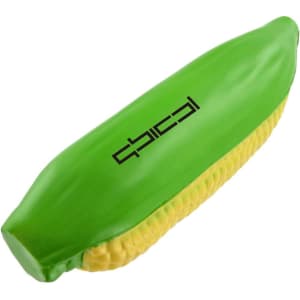 A green and yellow corn-shaped stress reliever with a logo on the side, designed for fun and relaxation.