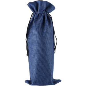 A drawstring bag in blue fabric, designed to hold a wine bottle, featuring a black drawstring closure.