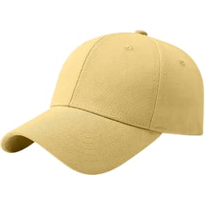 A cotton hard top baseball cap in a light yellow colour, featuring a rounded crown and a curved brim.