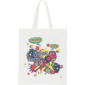 A white cotton bag with a colourful graphic design featuring bright illustrations and a logo.