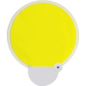 A 20cm foldable fan in bright yellow with a white handle and a small branding logo.