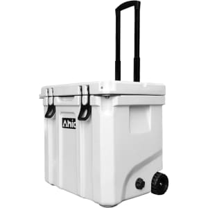 A white cooler box with wheels and a retractable handle, featuring a logo on the front.