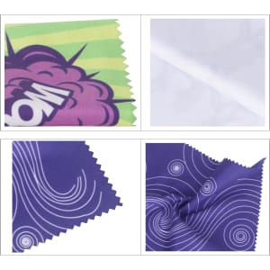 A microfibre lens cloth featuring vibrant patterns in green, purple, and white, with a logo in one corner.
