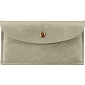 A PU leather glasses pouch in a soft grey colour with a gold snap closure and a logo.