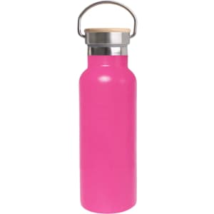 A drink bottle in bright pink with a bamboo lid and metal handle, featuring a logo on the side.