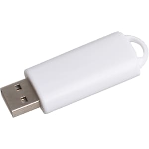 A white flash drive with a metallic USB connector and a loop for attachment, featuring a logo.