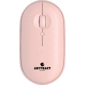 A pink wireless travel mouse with a smooth surface and a logo on the base.