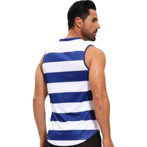 A blue and white striped v-neck singlet made from 100% polyester micro mesh, featuring a logo.