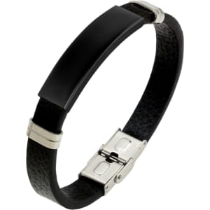 A black leather bracelet featuring a rectangular metal plate and silver accents. It has a clasp closure.