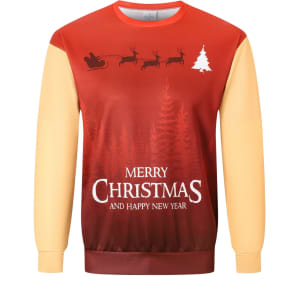 A red and yellow unisex Christmas sweatshirt featuring festive graphics and a logo.