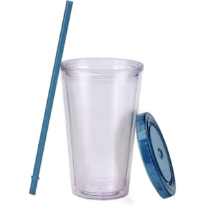A clear plastic cup with a blue lid and straw, designed for drinks. The cup is 16oz in size.