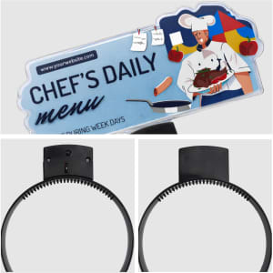 A black acrylic sign headband featuring a chef illustration and a menu board at the top.