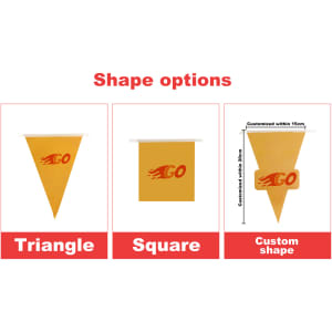 Custom PVC pennant string flags in triangle and square shapes, featuring a bright yellow colour and a logo.