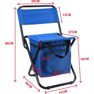 A foldable camping chair in blue, featuring a cooler bag attached, with various dimensions indicated around it.