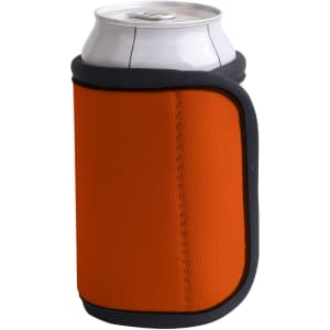 An orange Velcro wrap stubby holder with a grey trim, holding a silver drink can.