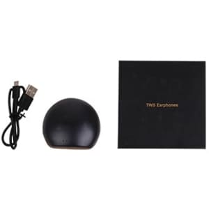 A black charging case with true wireless earbuds, a USB cable, and a packaging box.