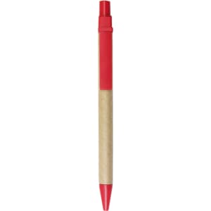 A ballpoint pen with a kraft paper barrel and a red plastic cap and tip. It features a logo.