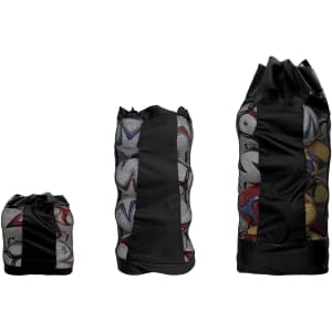 Three drawstring mesh ball bags in black, showcasing colourful balls inside. Each bag varies in size.