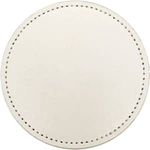 A round PU coaster in a light cream colour with decorative stitching around the edge and no visible branding.