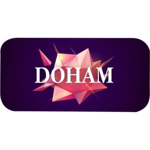 A geometric logo design featuring shades of purple and pink, with the text "DOHAM" prominently displayed.