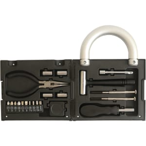 A padlock-shaped toolkit in black and silver, featuring various tools, including pliers and screwdrivers, in a compact case.