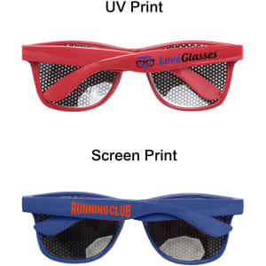 Pinhole sticker sunglasses in red and blue, featuring a logo on each pair and a unique design with mesh lenses.