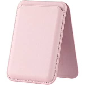 A pink foldable magnetic card holder with a built-in phone stand. It has a sleek design and includes a branded logo.