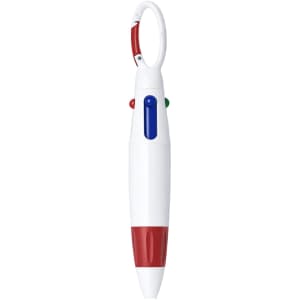 A carabiner pen featuring a white body with red and blue accents, complete with a clip for attachment.