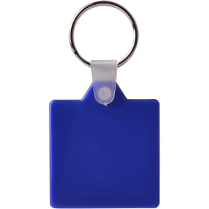 A square hard plastic keyring in blue with a silver metal ring attachment.
