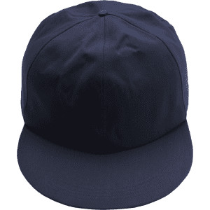 A giant baseball cap in navy blue with a flat brim and a circular crown. It features a logo on the side.