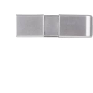 A silver flash drive with a sliding mechanism and a simple design. It includes a logo.